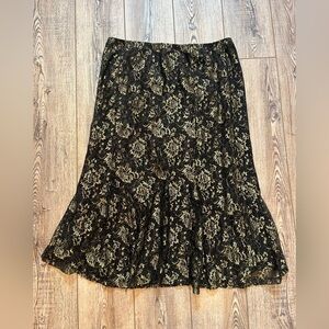 Vintage Vanity Fair Black and Gold Metallic Lace Midi Skirt size 18